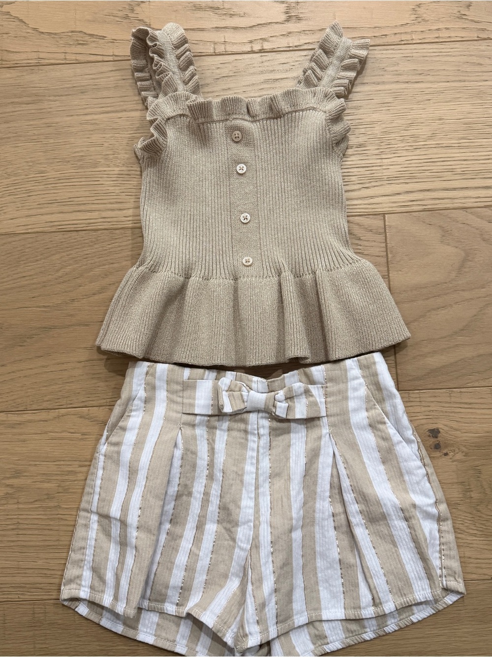 Janie and Jack | Girls Gold Knit Ruffle Tank & Striped Pleated Shorts Set